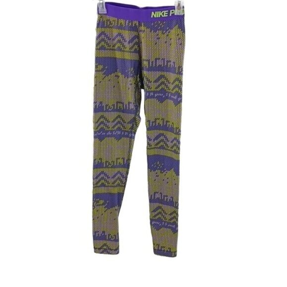 Nike Pro Womens S Leggings Purple Green Geometric Print Compression Athletic - Picture 1 of 8